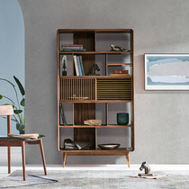 North American black walnut bookshelf cherry wood study log floor shelf brass grille sliding door bookcase bookcase