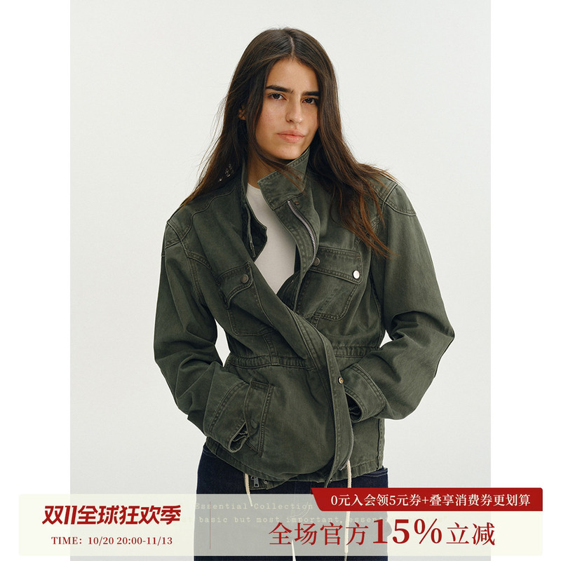Who Peach 100% Cotton Vintage Stand Collar Short Jacket Women's Drawstring Khaki Jacket Multi-Pocket Green Top 2026 Autumn Who Peach 100% Cotton Vintage Stand Collar Short Jacket Women's Drawstring Khaki Jacket Multi-Pocket Green Top 2026 Autumn