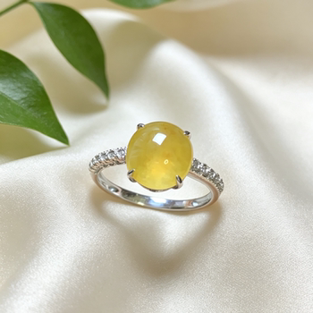 Palm burmese natural jade a-grade ice seeded yellow jade egg ring 18k gold inlaid women's model 0154