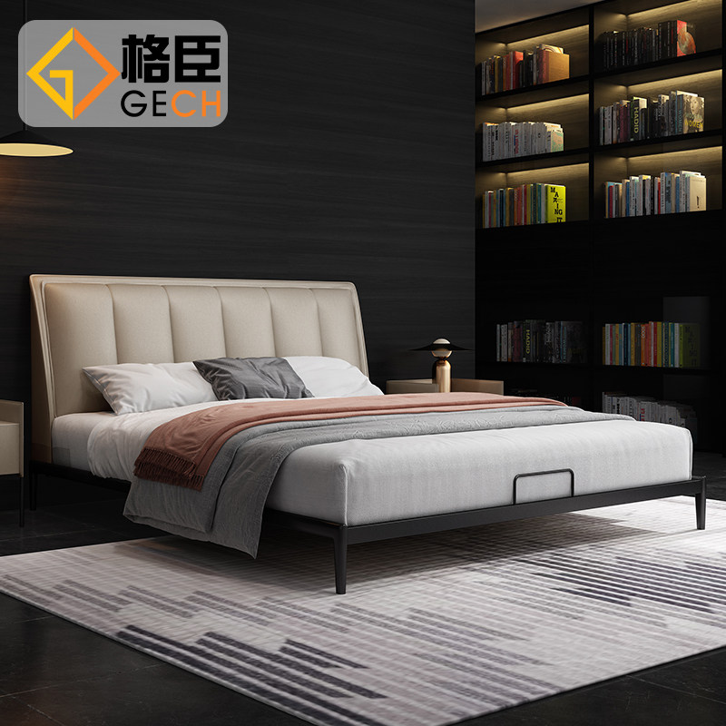 Italian minimalist leather bed Modern minimalist master bedroom double bed Small apartment light luxury leather bed 2021 new