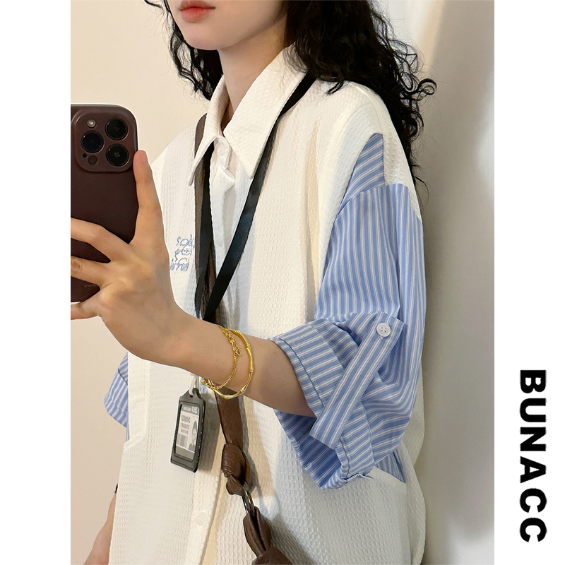 Bunacc2026 Summer American College Style Fake Two-Piece Short-Sleeved Shirt Waffle Embroidered Loose Top for Women