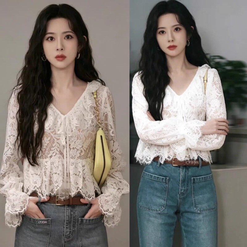 Meng Ziyi's Same Style White Lace Shirt for Women with Flared Sleeves, V-Neck, Hollow-Out and See-Through Design, Stylish Blouse Top