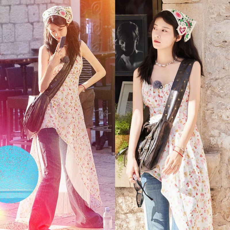 Floral Spaghetti Strap Dress with a Unique Design, Similar to Zhao Zhaoyi's Style, Featuring an Asymmetrical Waist-Cinching Long Skirt