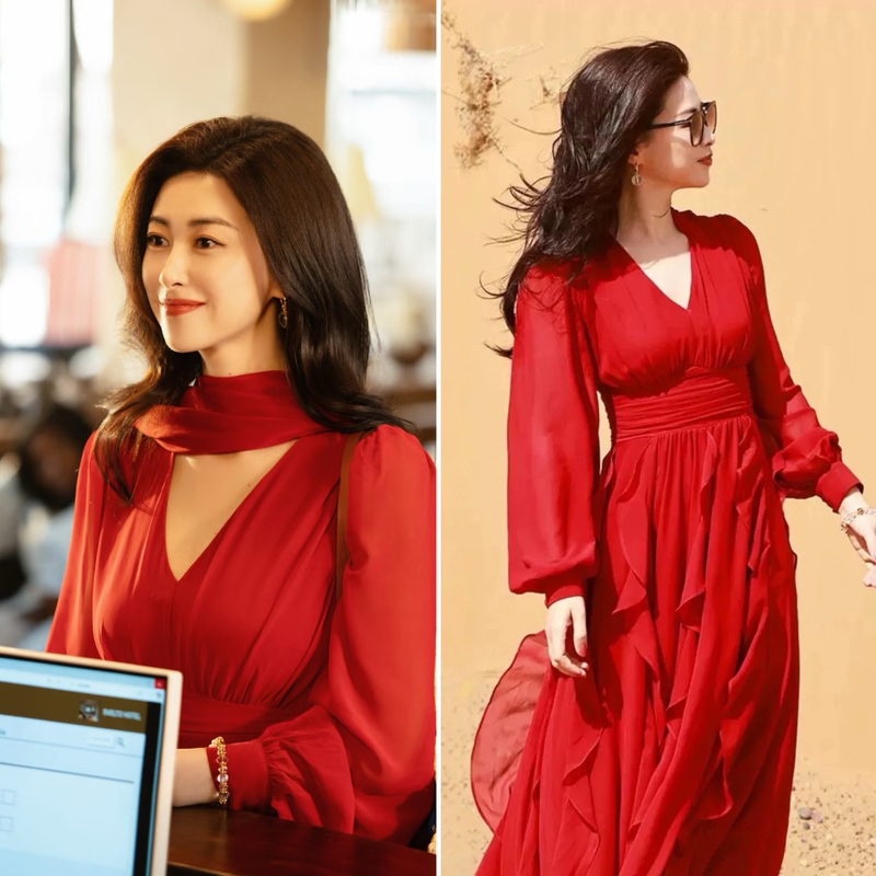 Red Dress Similar to the One Worn by Zhu Zhu Xu in the Drama, with a French Elegant Ruffle Design and a Vacation Style