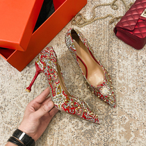  Chinese style xiuhe shoes wedding shoes womens 2021 new red high heels thin heel shallow mouth bridal shoes toast service wedding shoes