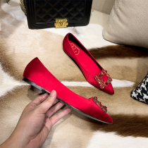  Wedding shoes womens 2021 new womens shoes rhinestone square buckle single shoes red flat shoes wedding shoes bridesmaid shoes bridal shoes