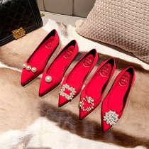  Wedding shoes womens 2021 new womens shoes pearl rhinestone single shoes red flat shoes wedding shoes xiuhe shoes bridal shoes