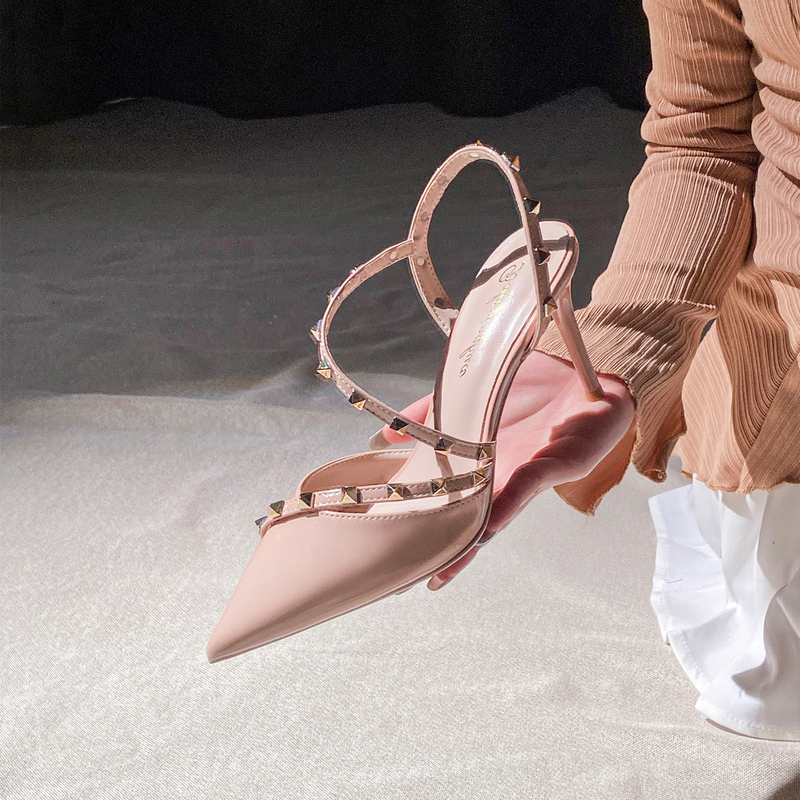 Elegant Nude-Colored Studded Pointed-Toe High Heels for Women, 2026 New Model, Thin Heel, Closed-Toe, Mid-Back Hollow Sandals, Stunning and Unique
