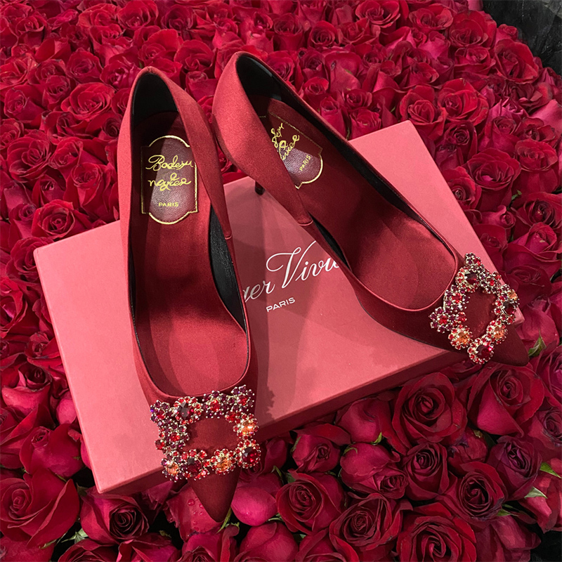 Bridal Shoes Wedding Shoes Female Show and wedding dress Two wearing waterdrills buckle red High heel Shoe slim heel 2022 New