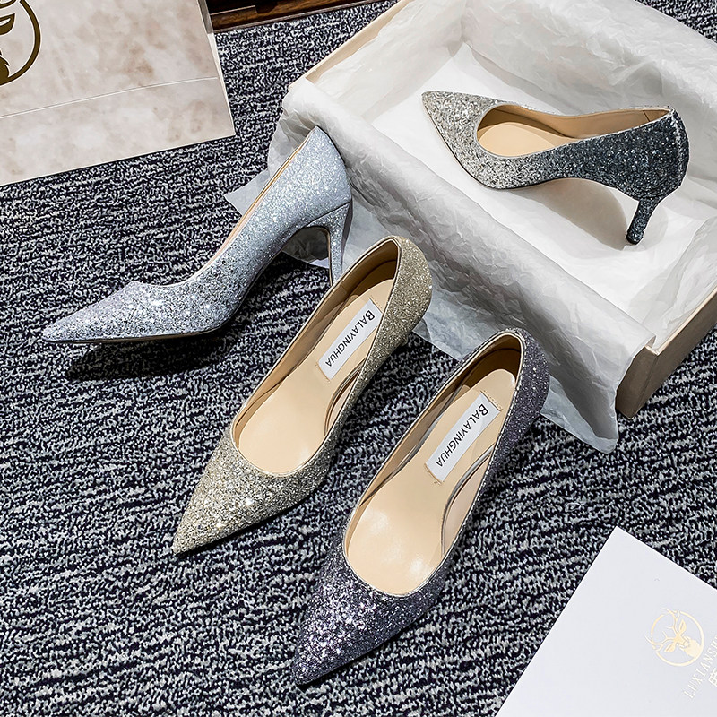 Main wedding dress wedding shoes 2021 new stiletto pointed toe all-match crystal sequin net red high heels female bridesmaids