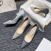  Main wedding wedding shoes 2021 new thin heel pointed head wild crystal sequins net red high heels female bride bridesmaid