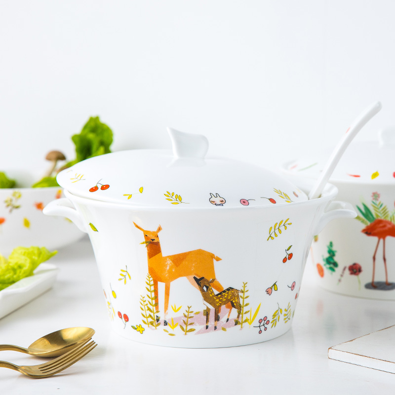 Yomerto ceramics with cover ears tureen large domestic cartoon rainbow such as bowl of soup basin bowl of sweet soup containers