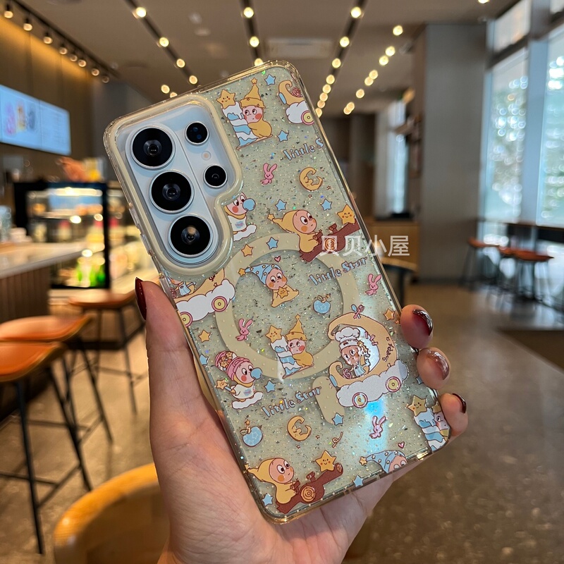 ins Internet Celebrity Cartoon Glitter Star-Themed Phone Case Suitable for Samsung Galaxy S26 Ultra, S25 Anti-Drop Magnetic Protective Cover, Creative, Simple, Personalized, High-End, Trendy, S24 Fashionable New Model