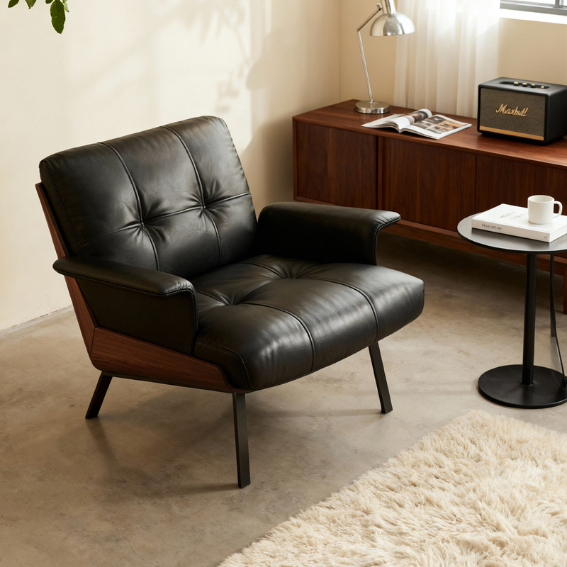 Single Chair, Italian Minimalist Style, Single Sofa Chair, Black Leather, High-End Living Room Furniture, Cool Black Minimalist Style, Daiki Chair