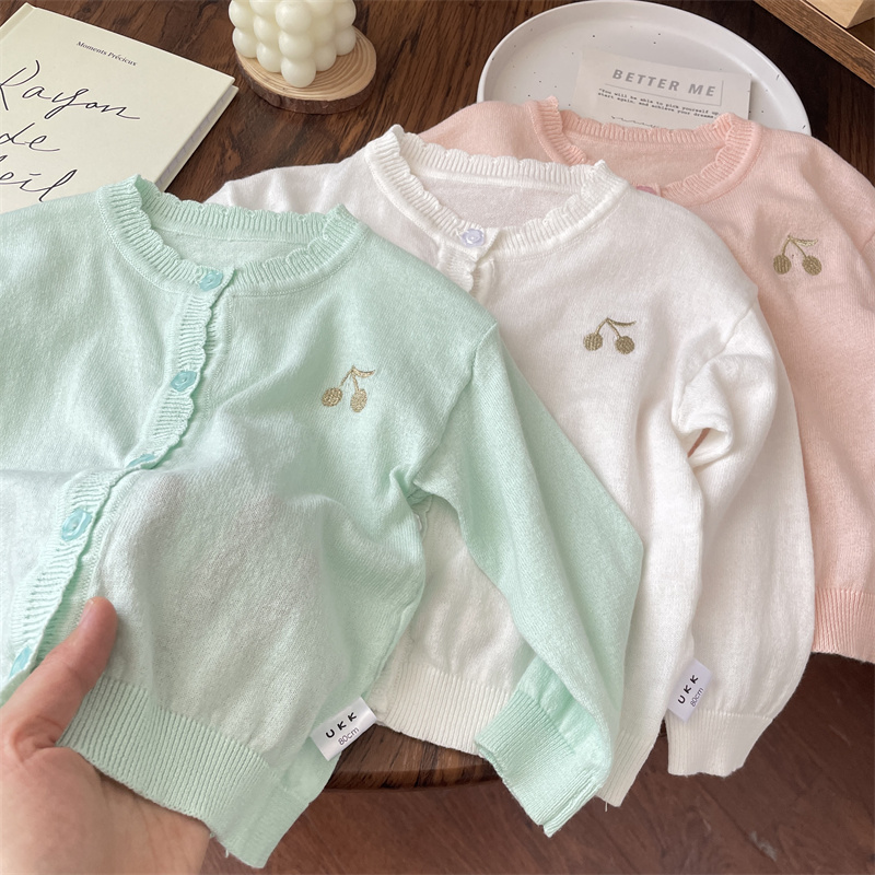 Summer Thin Knit Cardigan for Baby Girls with Cherry Design, Children's Air Conditioning Jacket, Outerwear, Sun Protection Top for Girls