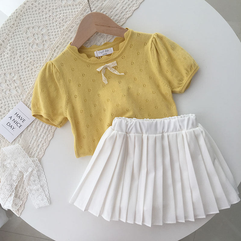 Children's Clothing Korean Girls Knit Shirt Thin Summer Pure Cotton Baby Cutout Short Sleeve t-Shirt Princess Kids Top