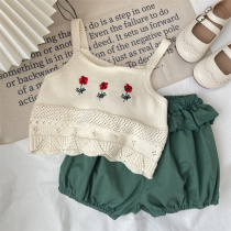 Summer pure childrens wear thin little fresh girl baby three flowers embroidered knitted knitting hanger vest