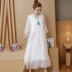 Mùa hè 2019 mới kích thước lớn của phụ nữ phong cách quốc gia retro thêu bông cổ chữ V và váy lanh trang phục khí chất thanh lịch - Váy dài váy suông dài qua gối Váy dài