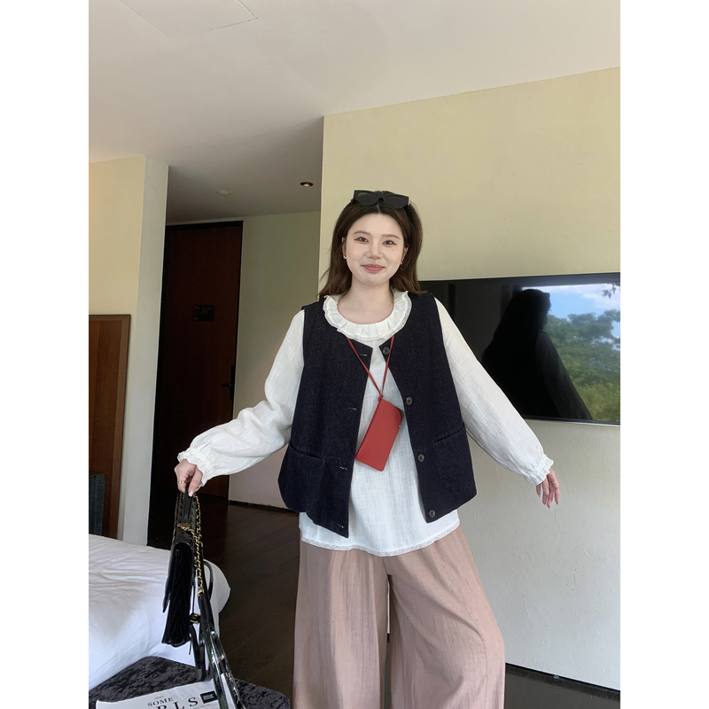 M5T6 Slightly Chubby Style Nagoya Mailbox-/Japanese Style Sleeveless Round Neck Floral Denim Vest Layered Tank Top M5T6 Slightly Chubby Style Nagoya Mailbox-/Japanese Style Sleeveless Round Neck Floral Denim Vest Layered Tank Top