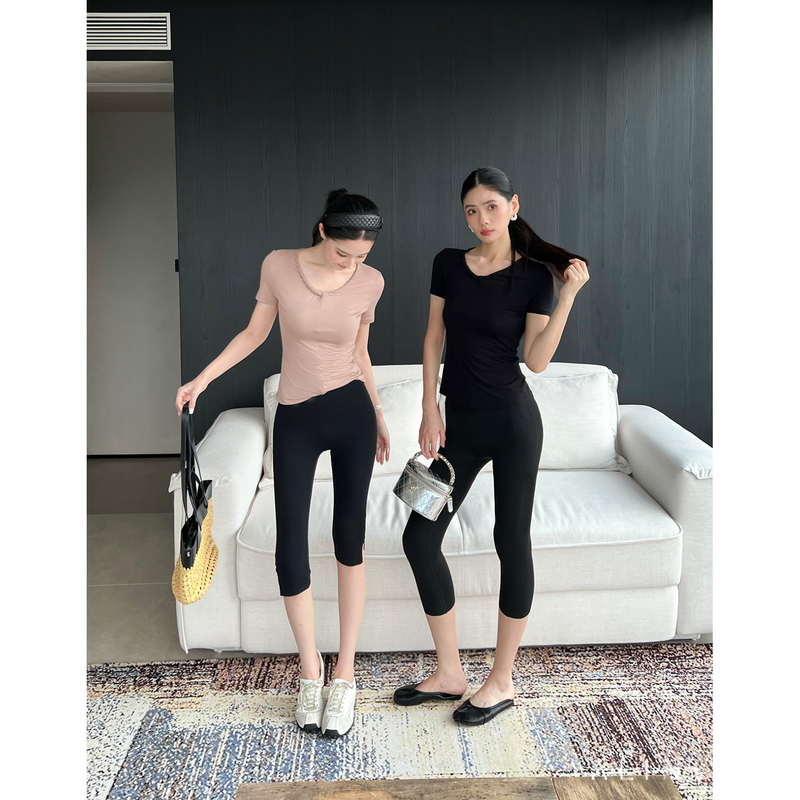 Alin【Capri Five-Point Pants】Elastic Mid-Length Pants with Side Slits, Black Casual Leggings Al6Nbk