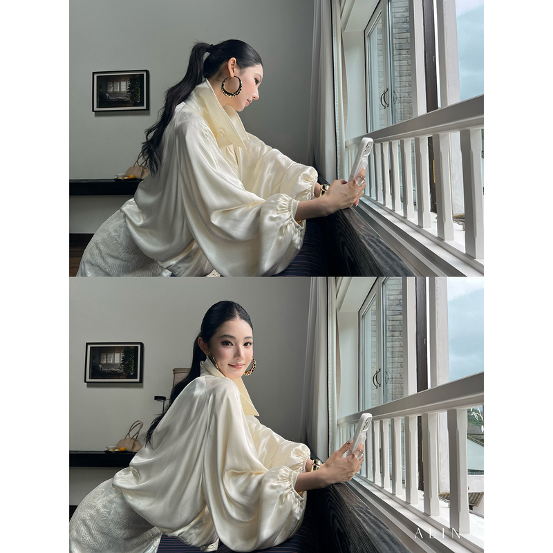 Alin【White Tea Relaxation】Glossy American-Style Lapel Jacket for Women with Elasticated Hem, Short Jacket Top Alin【White Tea Relaxation】Glossy American-Style Lapel Jacket for Women with Elasticated Hem, Short Jacket Top