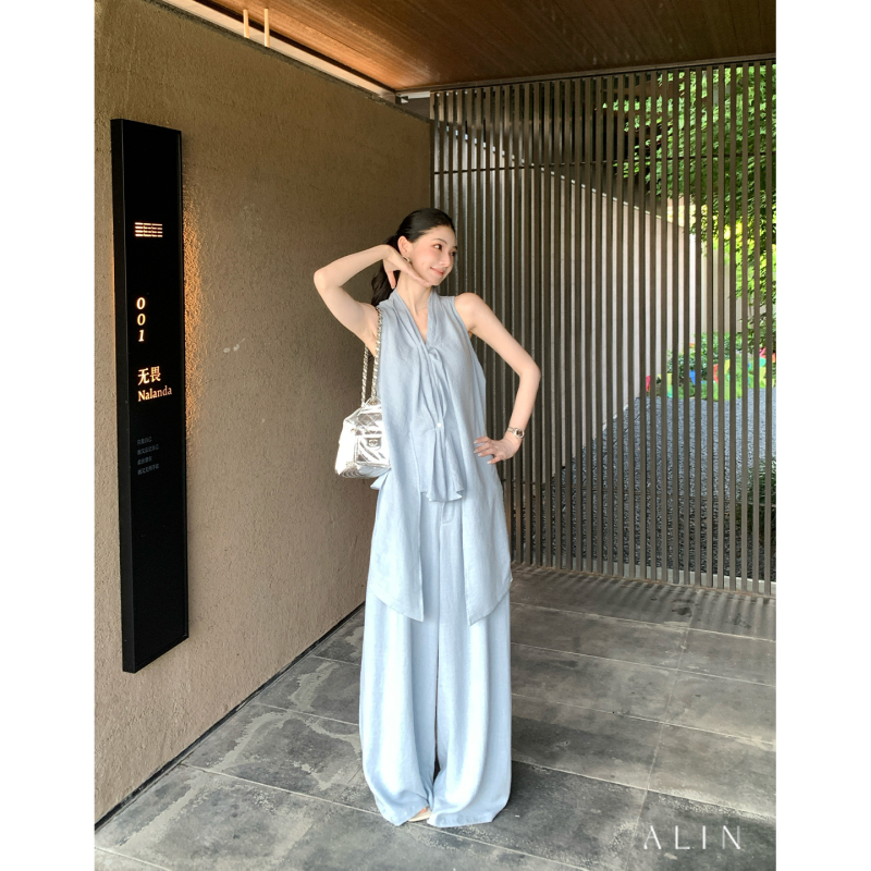 Alin【Qingyu Sui Bu】Sleeveless Ribbon Top and Low-Waist Wide-Leg Casual Pants Set for Women Summer Al6Msz50 Alin【Qingyu Sui Bu】Sleeveless Ribbon Top and Low-Waist Wide-Leg Casual Pants Set for Women Summer Al6Msz50