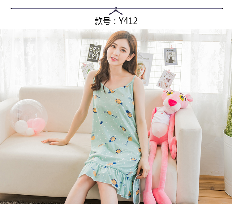 Thanh niên mùa hè cotton siêu mỏng trẻ của phụ nữ đồ ngủ váy cotton vest vòng cổ áo thun kích thước lớn phim hoạt hình nightdress