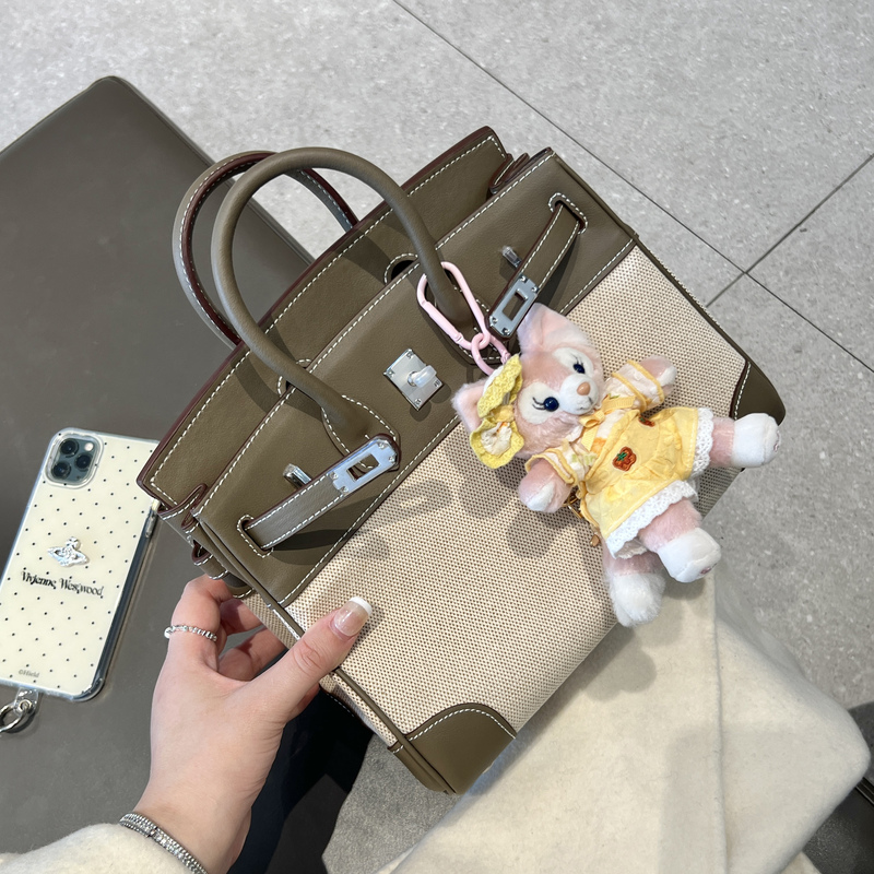 New Women's Fashionable Canvas Bag, Genuine Leather Birkin Bag, Shoulder Crossbody Handbag, Women's Large-Capacity Commuter Tote Bag