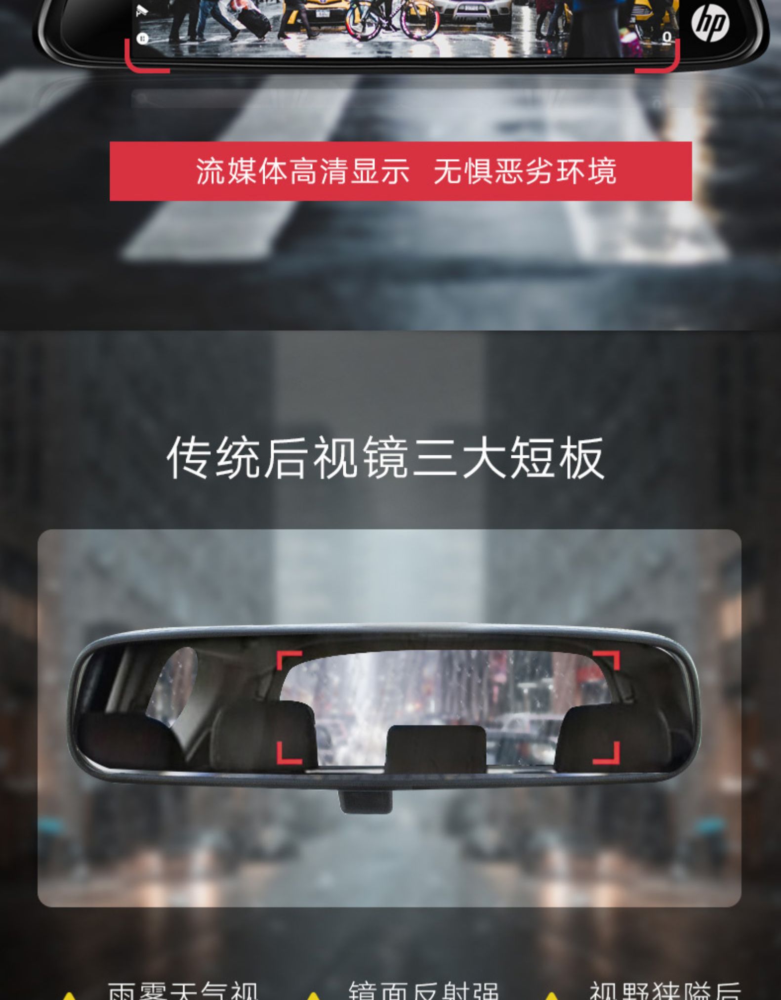 惠普 8英寸 流媒体后视镜行车记录仪 1080P 前后双录 图8
