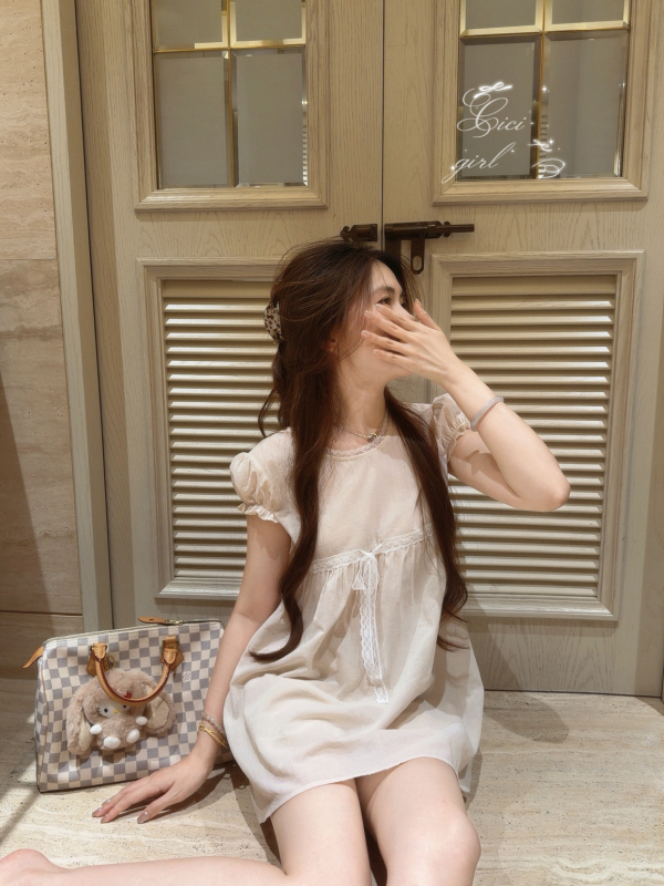 Cicigirl Dolly Antique Lace Puff Sleeve Cute Lace-Up Doll Shirt Pure Cotton Short-Sleeved Top