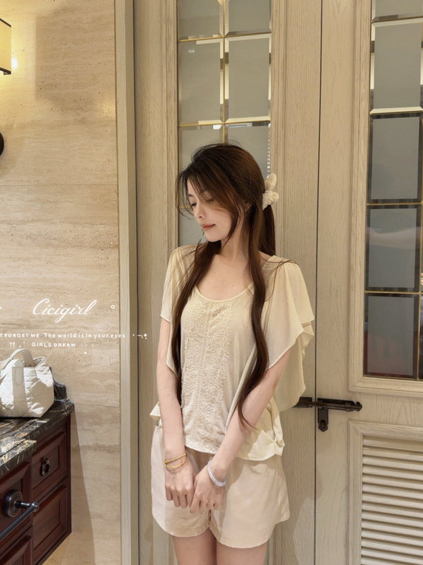Cicigirl'Lace Soft t' Japanese-Style Lazy Round-Neck Butterfly Sleeve T-Shirt Slimming Top