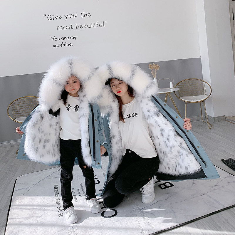 Kids pie overcome women's mid-length detachable baby fur jacket parent-child dress foreign 2021 winter suit mink down