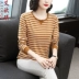 Áo thun sọc dài tay sọc trắng đen nữ chất liệu cotton nguyên chất lỏng 2020 ngọn mùa xuân cộng với size áo mẹ trung niên Hàn Quốc - Quần áo của mẹ