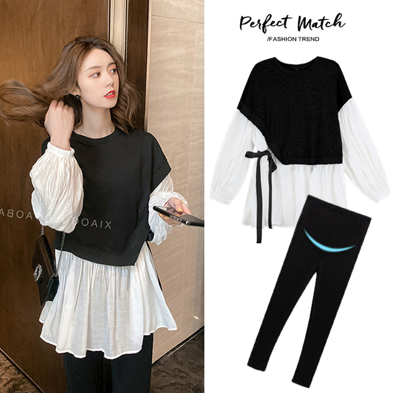 Pregnant women spring suit net red fashion 2021 new high-end fake two-piece tops small pregnant woman dress