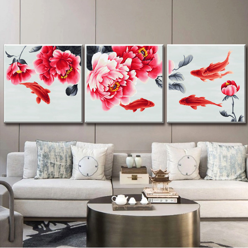 ABV Old Three Cross embroidered pure cotton precise printing large triplex China wind flower peony fish rich in abundance