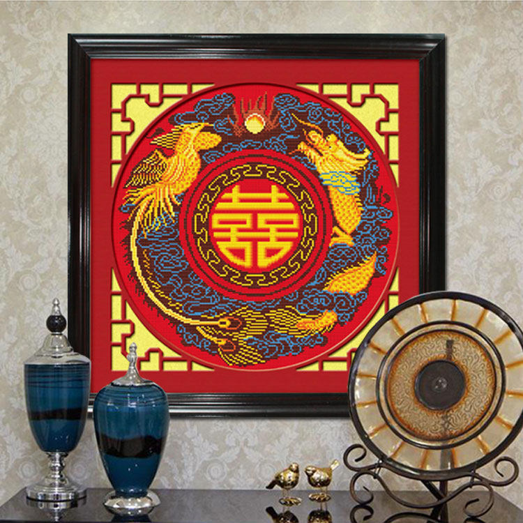 Precise printed cross embroidered Chinese wind living room paper Qingxi Qinglong Fengxi