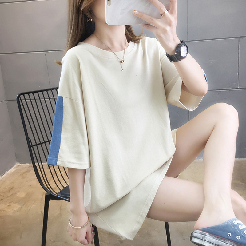 Ngắn tay áo thun nữ 2020 mùa hè váy mới của Hàn Quốc phiên bản của loose-fitting dài cỡ bình thường quần áo màu rắn trong s triều