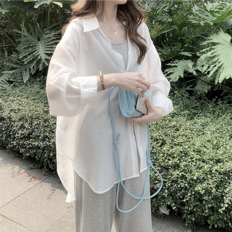 Hong Kong wind micro-transparent sunscreen shirt women's summer thin style light cooked wind white chiffon shirt mid-length loose cardigan jacket