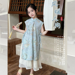 MINI Dan Girl Dress Set Summer 2024 New Chinese Feng ink Painting New Chinese Box Skirt Cheongsam Skirt