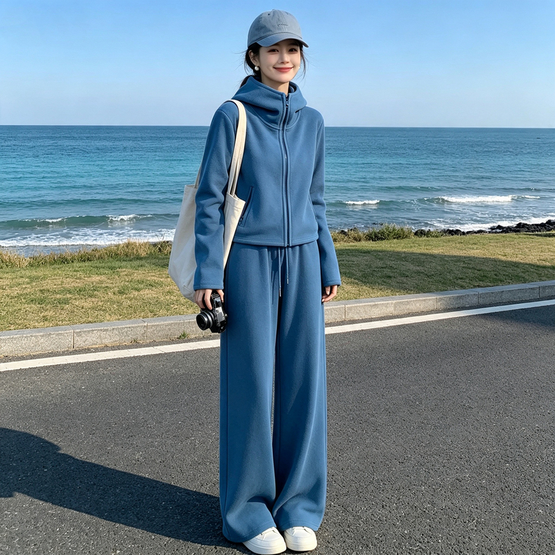 High-End Casual Sportswear Suit for Women, Blue Sweatshirt Suit, Korean Style, Simple, Elegant and Good-Looking Two-Piece Set