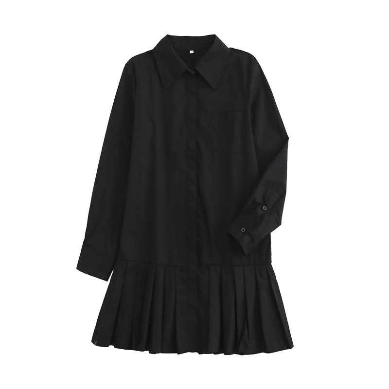 European and American Style 2026 New Solid Color Loose Long-Sleeved Pleated Shirt Dress for Women