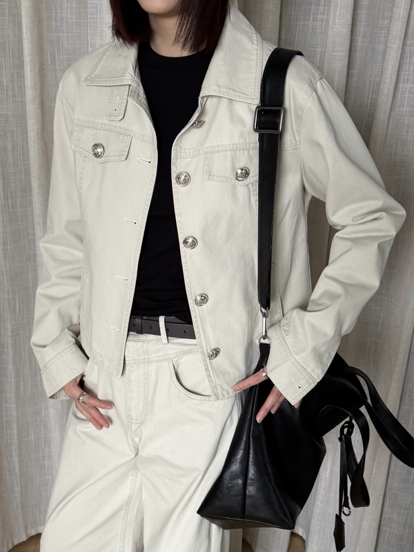 Dazhang "Retro Off-White Washed Workwear Jacket" Short Top