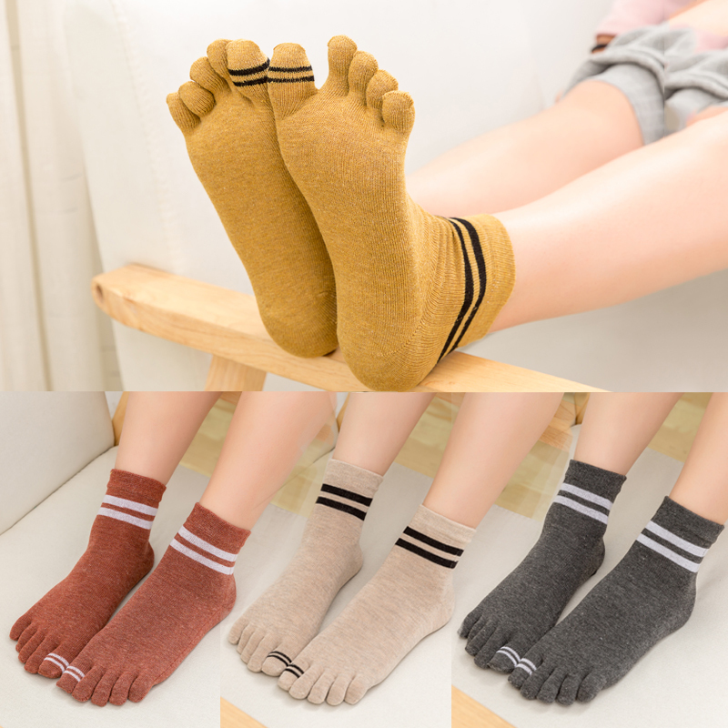Five-Toe Socks for Women, Pure Cotton Striped Mid-Calf Socks, All-Cotton, Suitable for Spring, Autumn, and Winter, Odor-Resistant, Sweat-Absorbent, Cute, Antibacterial, Toe-Separated Socks