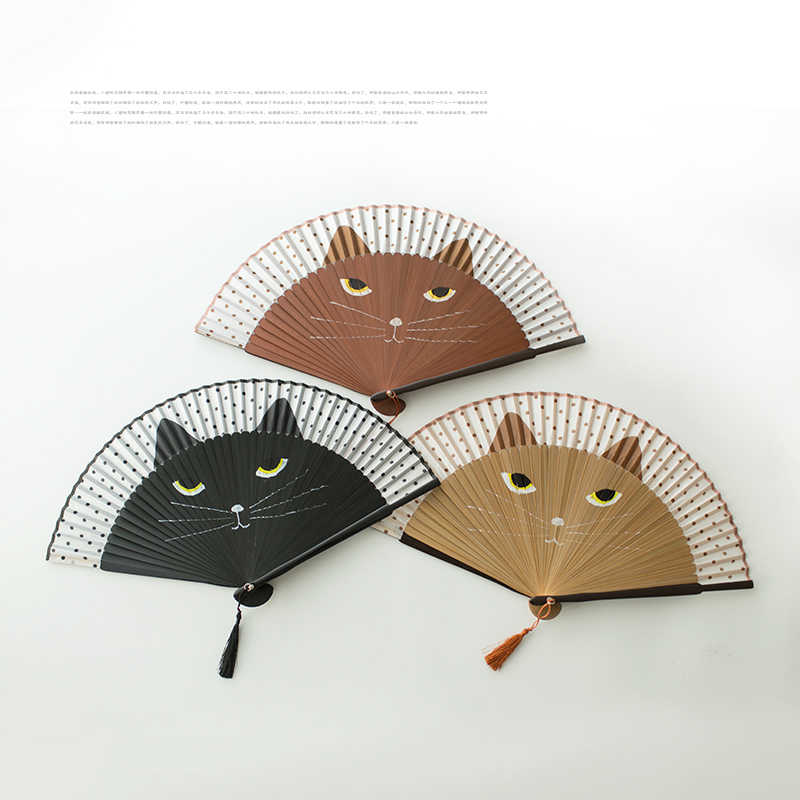 萌猫折扇古典工艺扇子日式真丝扇子生日礼物舞台道具扇子舞蹈扇子