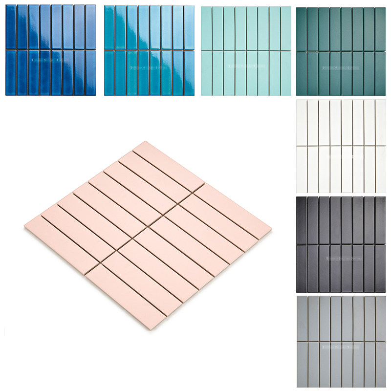 Ceramic strip mosaic white rectangular tile bathroom non-slip pink pillar black blue decorative interior