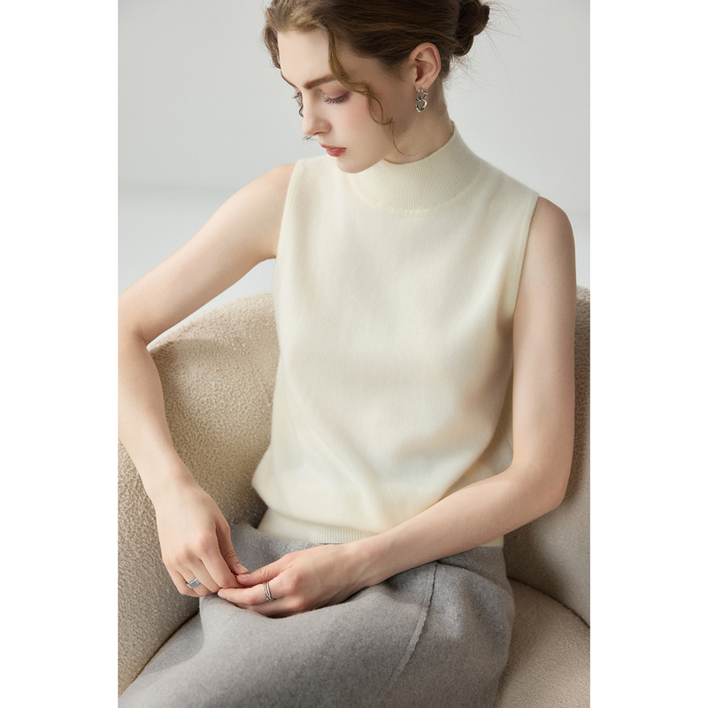 100% Pure Cashmere Sweater Women's Vest Half Turtleneck Sweater Sleeveless Knitted Base Layer Vest Short Style Autumn and Winter