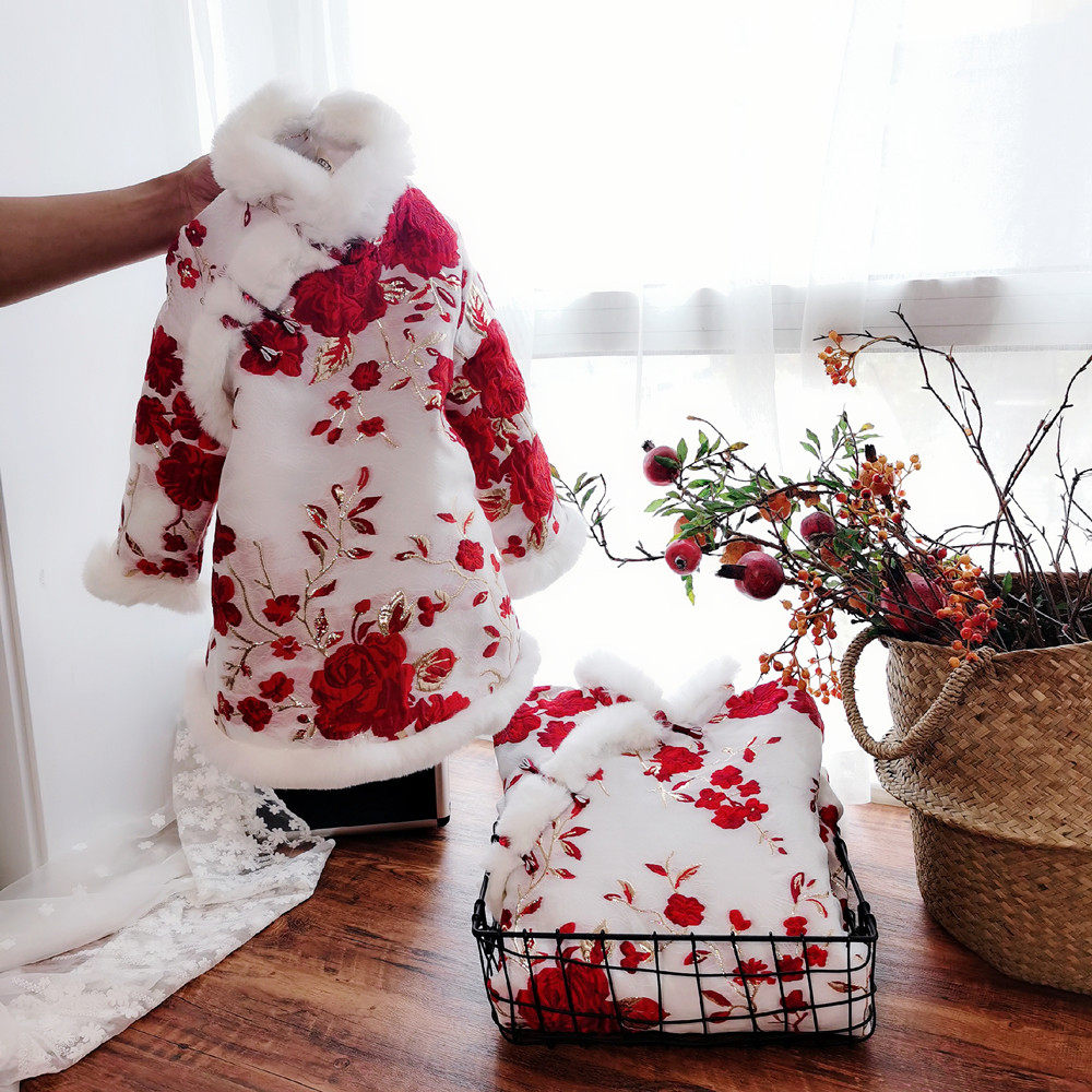 Autumn winter new year new year dress Chinese style parent-child dress Tang costume Hanfu real rabbit hair mother-daughter cheongsam parent-child skirt mother-daughter dress