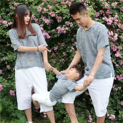 Xia cotton and hemp parent-child clothing Literary Fan family of three family clothing small and medium children large size burlap tops Parent-child T-shirts