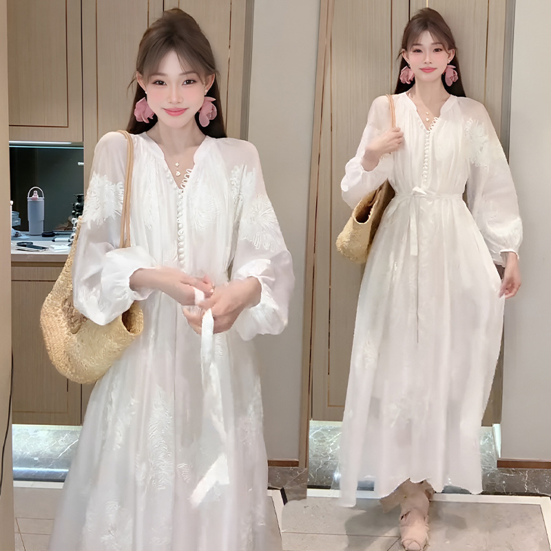 French-Style High-End Embroidered Tencel Long-Sleeve Dress 2025 Spring and Autumn Loose and Lazy Style Stunning Gauze Long Dress