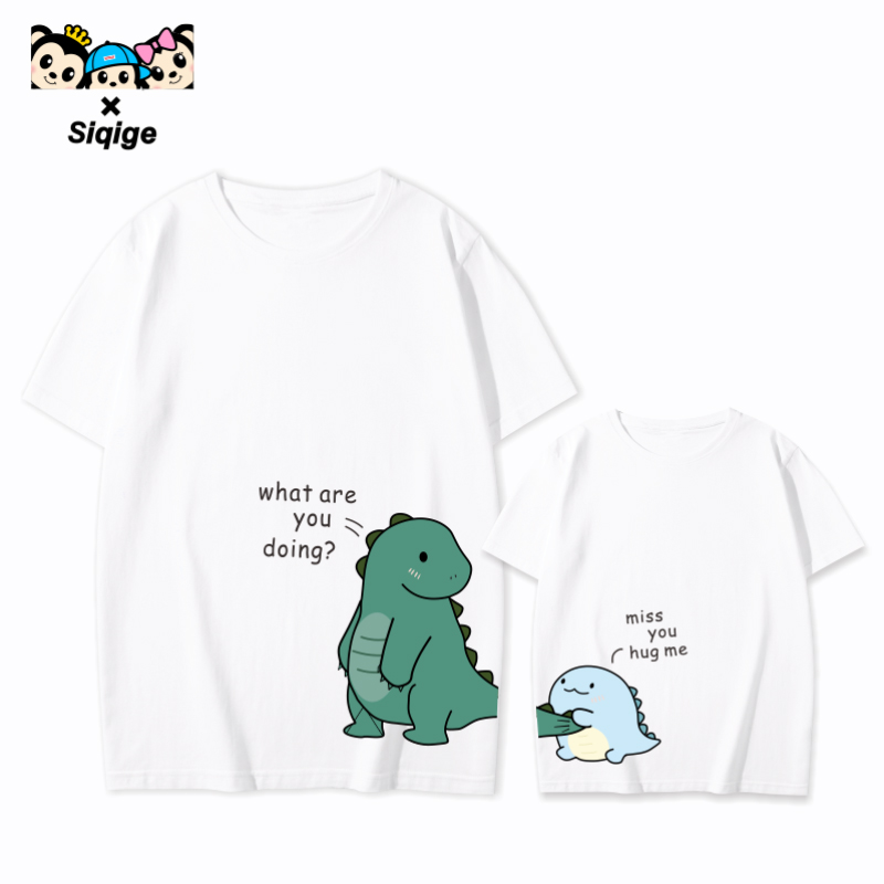 Small dinosaur pro-Zika Fried Street T-shirt Short Sleeve Summer Xinjiang Long Suede Cotton Family Three-Four-Mouth Mother-daughter Foreign Pie T